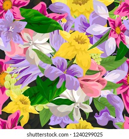 Tropical flower seamless vector pattern, floral fashionable tropic background for fabric textile, exotic hawaiian floral texture for print, trendy natural hand drawn leaves for fashion textile