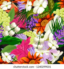 Tropical flower seamless vector pattern, floral fashionable tropic background for fabric textile, exotic hawaiian floral texture for print, trendy natural hand drawn leaves for fashion textile