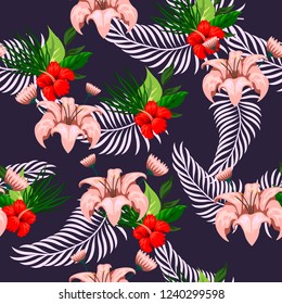 Tropical flower seamless vector pattern, floral fashionable tropic background for fabric textile, exotic floral texture for print, trendy natural leaves for fashion textile on black background