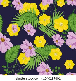 Tropical flower seamless vector pattern, floral fashionable tropic background for fabric textile, exotic hawaiian floral texture print, trendy natural leaves for fashion textile on black background