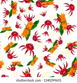 Tropical flower seamless vector pattern, floral fashionable tropic background for fabric textile, exotic hawaiian floral texture for print, trendy natural hand drawn leaves for fashion textile