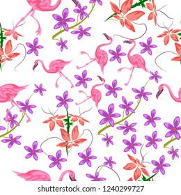 Tropical flower seamless vector pattern, floral fashionable tropic background for fabric textile, exotic floral texture print, trendy natural hand drawn leaves for fashion textile on white background