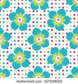 Tropical flower seamless vector pattern background. Hand drawn blooms exotic design. Modern bright florals on dotted backdrop. Hot summer all over print for tropic vacation and wedding resort concept.