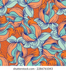 Tropical flower seamless vector texture pattern background. Overlapping perennial orange blue flowers dense backdrop. Arts and Crafts style painterly textural design. Cottagecore for summer