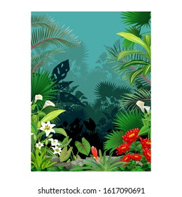 Tropical Flower With Trees And FLower Cartoon