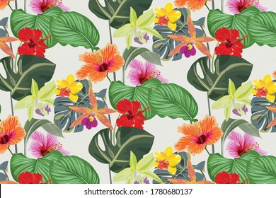 Tropical flower vector pattern, repeating floral and leaves of orchids, Hibiscus flowers, wild orchids, Monstera leaves and tropical rain forest leaves. pattern is clean for fabric, wallpaper, printin