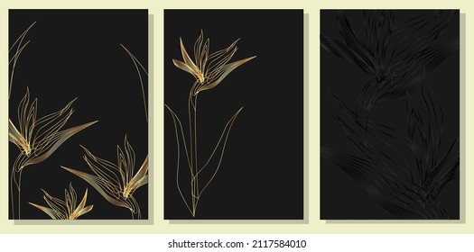 Tropical flower wall art mural. Luxury black and gold wallpaper, minimal design background. Bird of paradise flowers.