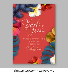 Tropical flower wedding invitation Aloha flyer hibiscus palm leaves  frangipani plumeria