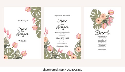 tropical flower wedding invitation template set