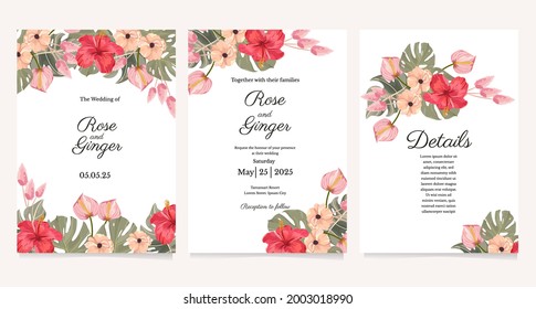 tropical flower wedding invitation template set