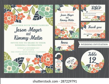 Tropical flower wedding invitation vintage design sets include Invitation card, Save the date, RSVP card, Thank you card, Table number, Gift tags, Place cards, Respond card, Save the date door hanger