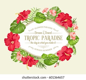 Tropical Flower Wreath. Happy Holiday Card With Floral Garland. Summer Holiday Invitation Card Isolated Over Sepia Background. Red Hibiscus Frame With A Vintage Label Isolated Over White Background.