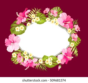 Tropical flower wreath with place for invitation card text. Happy holiday card with floral garland. Summer holiday invitation card isolated over red background. Vector illustration.