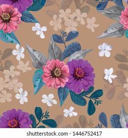 Tropical flower zinnia beautiful pink and vinca white flower seamless pattern - vector 