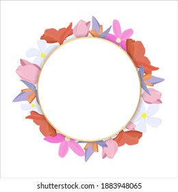 Tropical flowers around a round white frame copy space. Bright abstract background for banner, flyer or cover with copy space for text or emblem