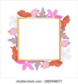 Tropical flowers around a white frame copy space. Bright abstract background for banner, flyer or cover with copy space for text or emblem