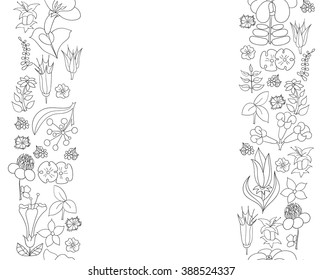 Tropical flowers background concept. Vector illustration. Seamless floral border. Black and white, coloring book. Mail template