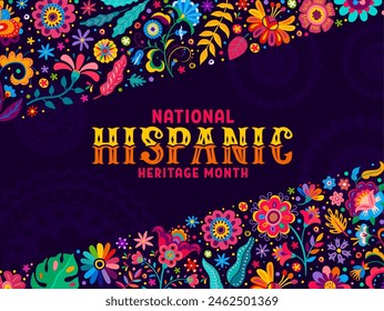 Tropical flowers background for national Hispanic heritage month, vector banner. Latin Americans Hispanic heritage month holiday or festival of tradition and ethnic art banner with floral ornament