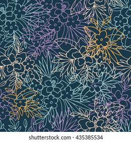 Tropical flowers background. Seamless pattern. Jungle print. Lineart illustration. Vector illustration