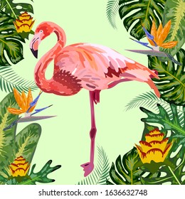 Tropical Flowers Background. Summer Design. Flamingo. T-shirt Fashion Graphic. Exotic