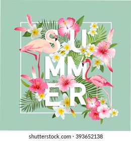 Tropical Flowers Background. Summer Design. Vector. Flamingo. T-shirt Fashion Graphic. Exotic.