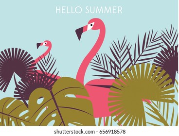 Tropical Flowers Background. Summer Design. Vector. Flamingo Background. Exotic Background.