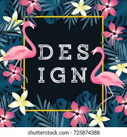 Tropical flowers background. Summer vector illustration design. Flamingo background. Exotic background poster