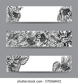 Tropical Flowers Background. Vector Cards, Notes and Banners with Exotic Flowers and Leaf.