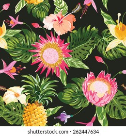 Tropical Flowers Background - Vintage Seamless Pattern - in vector