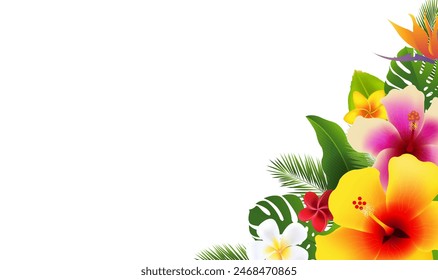 Tropical Flowers Banner With Green Leaves Border With Gradient Mesh, Vector Illustration