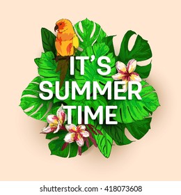 Tropical Flowers banner with monstera leaves and parrot. Vector eps10 format.