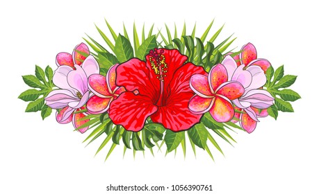 Tropical flowers beautiful isolated composition with hand drawn exotic blooms of hibiscus, magnolia and plumeria and green palm leaves for wedding, greeting card or invitation, vector illustration.