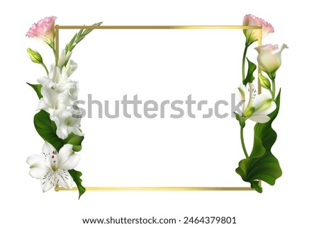 Tropical flowers. Beautiful pattern of white lilies and pink roses. Floral background. Green leaves. Border. Gladiolus. Golden square frame decorated with flowers.