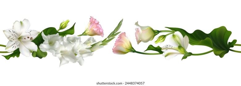 Tropical flowers. Beautiful seamless pattern of white lilies and pink roses. Floral background. Green leaves. Border. Gladiolus.
