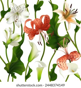Tropical flowers. Beautiful seamless pattern of white callas and lilies. Floral background. Green leaves. Orange tiger lily.