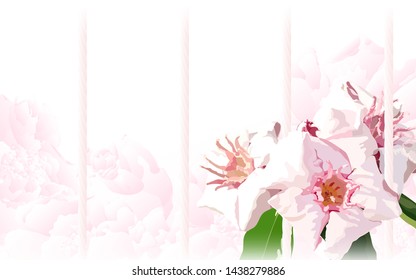 Tropical flowers behind metal fence, white soft pastel pink dreamy feeling.