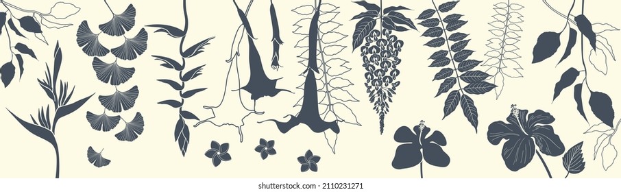 Tropical flowers. Big vector set of dark gray silhouettes of tropical flowers and leaves of heliconia, brugmansia, wisteria, hibiscus, plumeria, ginkgo biloba isolated on light yellow background.