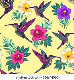 Tropical flowers with a bird pattern