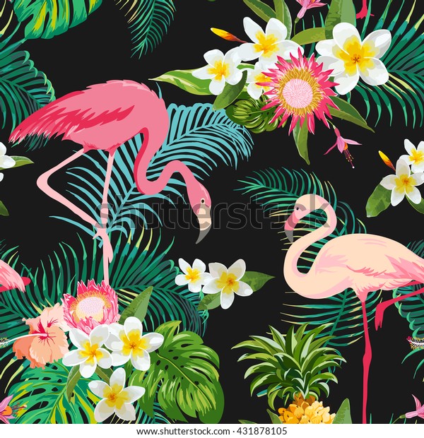 Tropical Flowers Birds Background Vintage Seamless Stock Vector ...