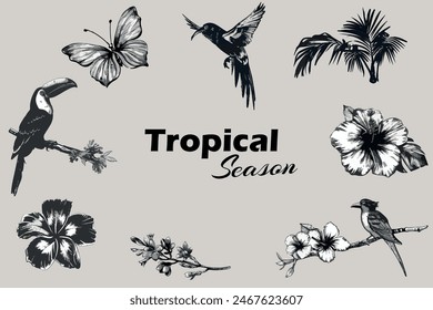 Tropical flowers, birds and leaves photocopy effect  set with grunge stippling grain messy texture. Pop art style dotted elements. Trendy y2k aesthetic vector illustration for poste, banner,  t shirt