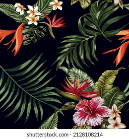 Tropical Flowers With Black Background, Spring Summer Vibes,  Beach Cheerful Seamless Pattern Wallpaper Of Tropical Dark Green Leaves Of Palm Trees And Flowers 