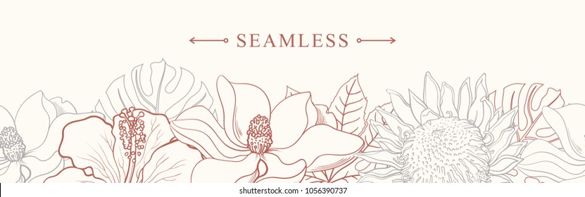 Tropical flowers border seamless pattern in sketch style on white background - hand drawn exotic blooms of hibiscus, protea, magnolia and plumeria with colorful line contour. Vector illustration.