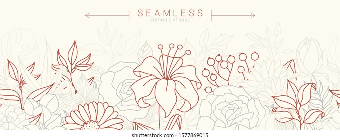 Tropical flowers border seamless pattern in sketch style on white background - hand drawn exotic blooms of hibiscus, protea, magnolia and plumeria with colorful line contour. Vector illustration