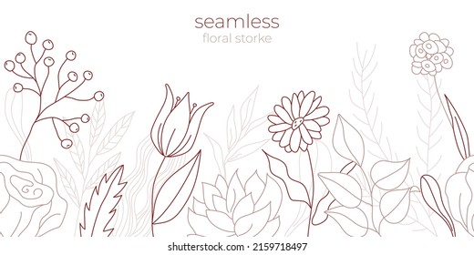 Tropical flowers border seamless pattern in sketch style on white background. Hand drawn floral blooms with colorful line contour. Vector illustration