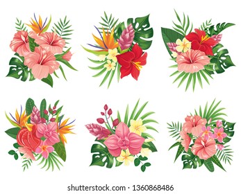 Tropical flowers bouquet. Exotic palm leaves, floral tropic bouquets and tropicals wedding invitation. Hibiscus flower and monstera hawaiian flora green. Vector illustration isolated icons set