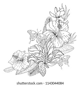 Tropical flowers bouquet. Floral composition. Black lines on white background. Vector illustration.