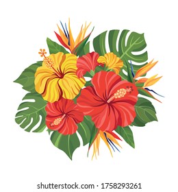 Tropical flowers bouquet. Floral composition with hibiscus, strelitzia, palm leaves and monstera. Vector illustration.