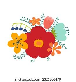 Tropical flowers bouquet hand drawn illustration. Flat cartoon style design, isolated vector. Exotic blossoms, blooms, rainforest plant, jungle flora, botanical, floral elements composition
