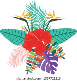 
Tropical flowers bouquet. Leaves frame. Wallpaper. Design for sites, crafts with children, scrapbooking and decoupage, crafts. Vector.