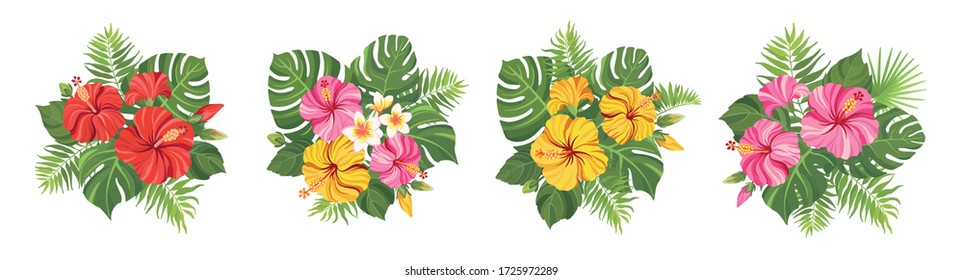 Tropical flowers bouquet set. Floral composition with hibiscus, plumeria, palm leaves and monstera. Vector illustration.